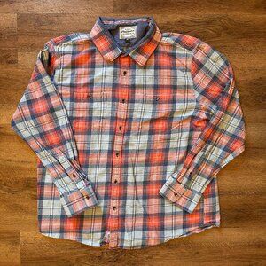 Flag & Anthem Casual Button Down Mens XL Orange Blue Plaid Dress Shirt